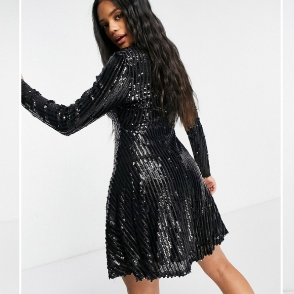 Club L London wrap front sequin skater dress in black | Size 2 (XS) - Picture 3 of 14